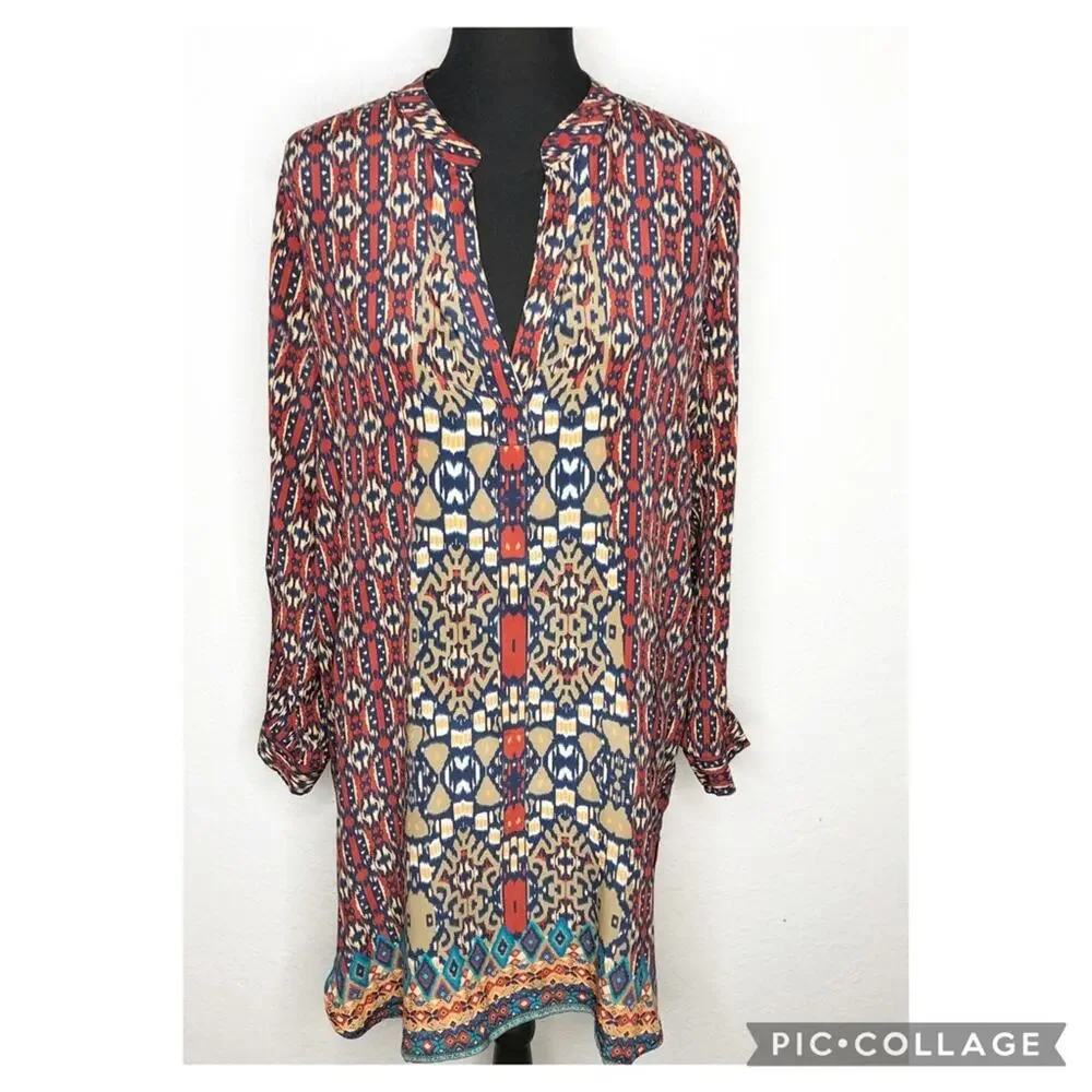 Tolani red blue orange graphic print silk shift dress size Medium